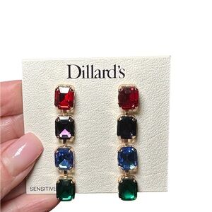NWT Dillards multicolor gemstone drop dangle glam earrings sparkle gold tone